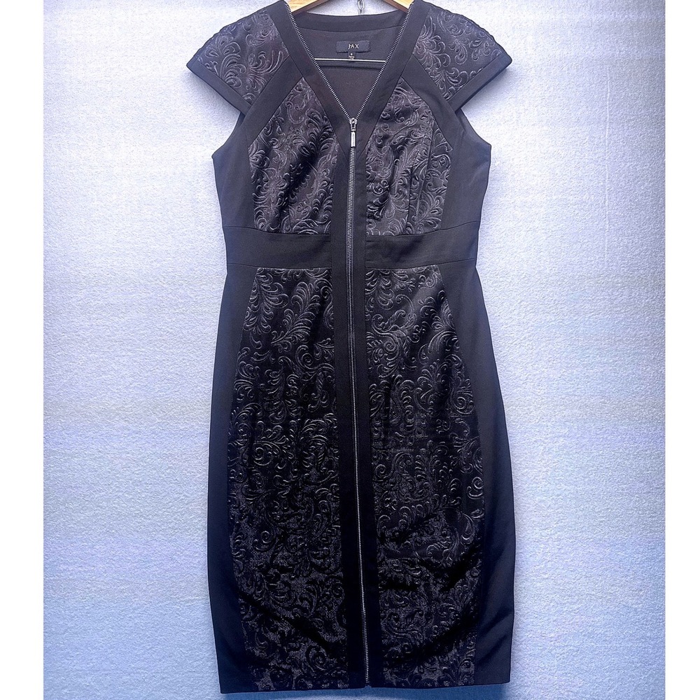 Jax Black Metallic‎ Brocade Sheath Dress Women's 6 Front Zip Cap Sleeve Damask